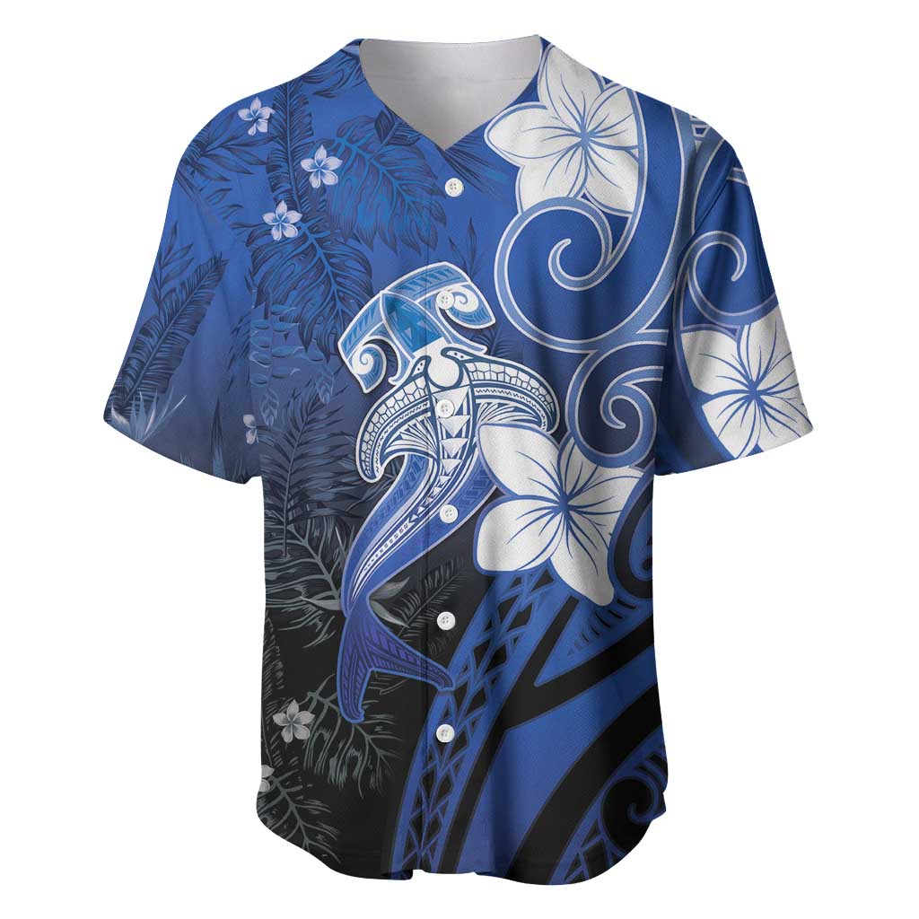 Polynesia Hammerhead Shark Baseball Jersey Blue Tribal Pattern With Plumeria LT05 Blue - Polynesian Pride