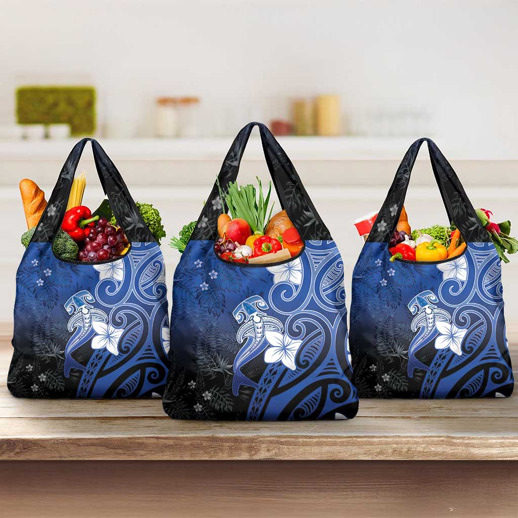 Polynesia Hammerhead Shark Grocery Bag Blue Tribal Pattern With Plumeria LT05 3-pack One Size Blue - Polynesian Pride
