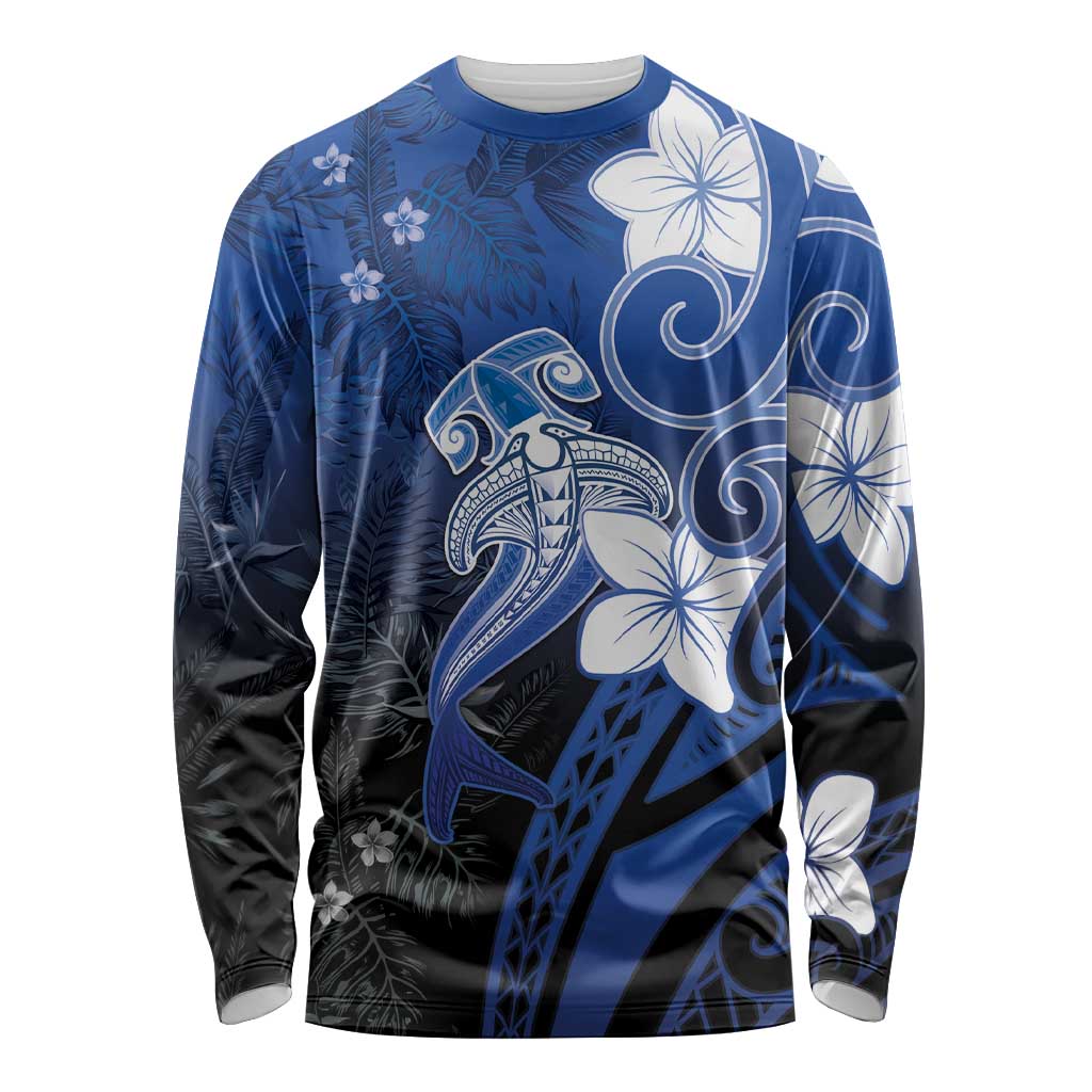 Polynesia Hammerhead Shark Long Sleeve Shirt Blue Tribal Pattern With Plumeria LT05 Unisex Blue - Polynesian Pride