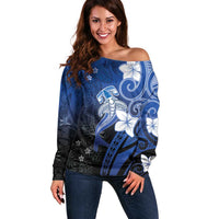 Polynesia Hammerhead Shark Off Shoulder Sweater Blue Tribal Pattern With Plumeria LT05 Women Blue - Polynesian Pride