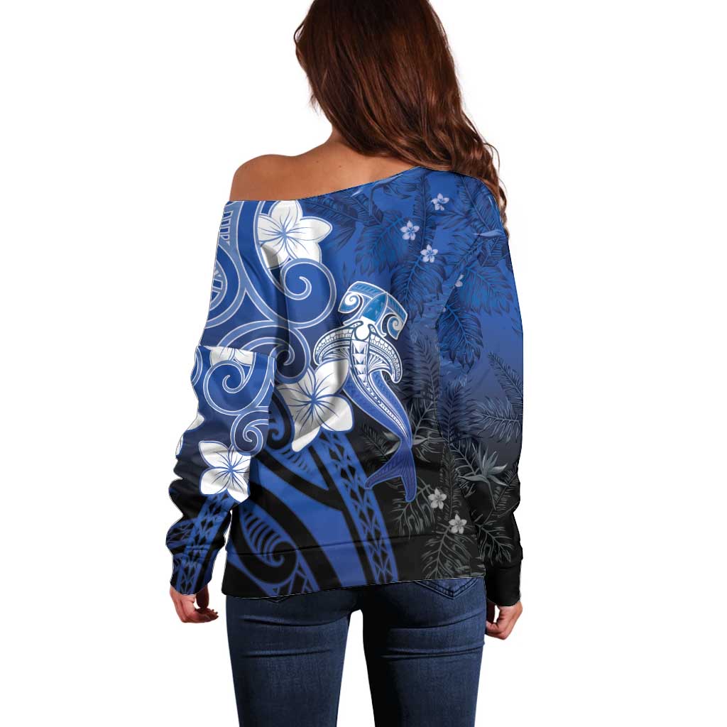 Polynesia Hammerhead Shark Off Shoulder Sweater Blue Tribal Pattern With Plumeria LT05 - Polynesian Pride