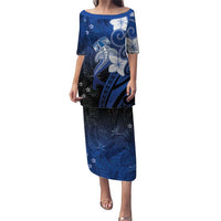 Polynesia Hammerhead Shark Puletasi Blue Tribal Pattern With Plumeria LT05 Long Dress Blue - Polynesian Pride