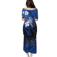 Polynesia Hammerhead Shark Puletasi Blue Tribal Pattern With Plumeria LT05 - Polynesian Pride