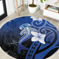 Polynesia Hammerhead Shark Round Carpet Blue Tribal Pattern With Plumeria LT05 Blue - Polynesian Pride