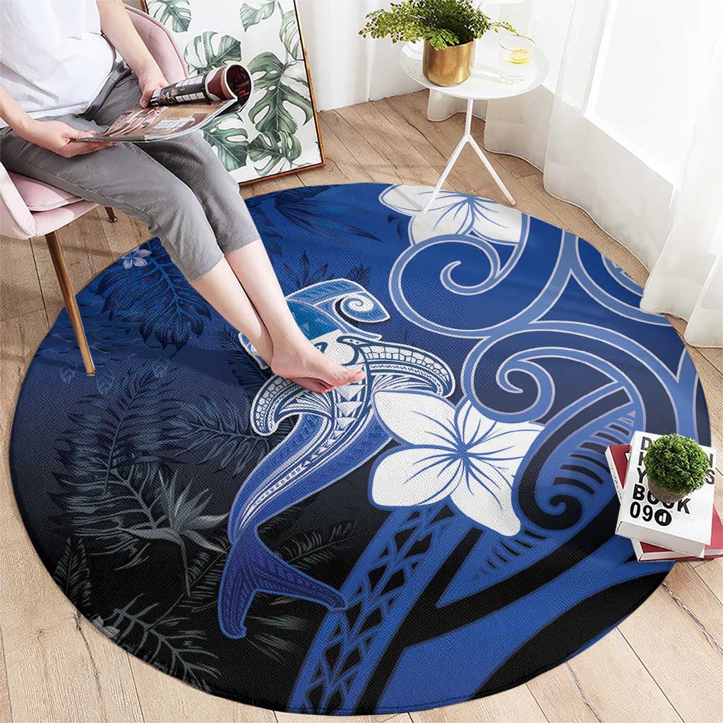 Polynesia Hammerhead Shark Round Carpet Blue Tribal Pattern With Plumeria LT05 - Polynesian Pride