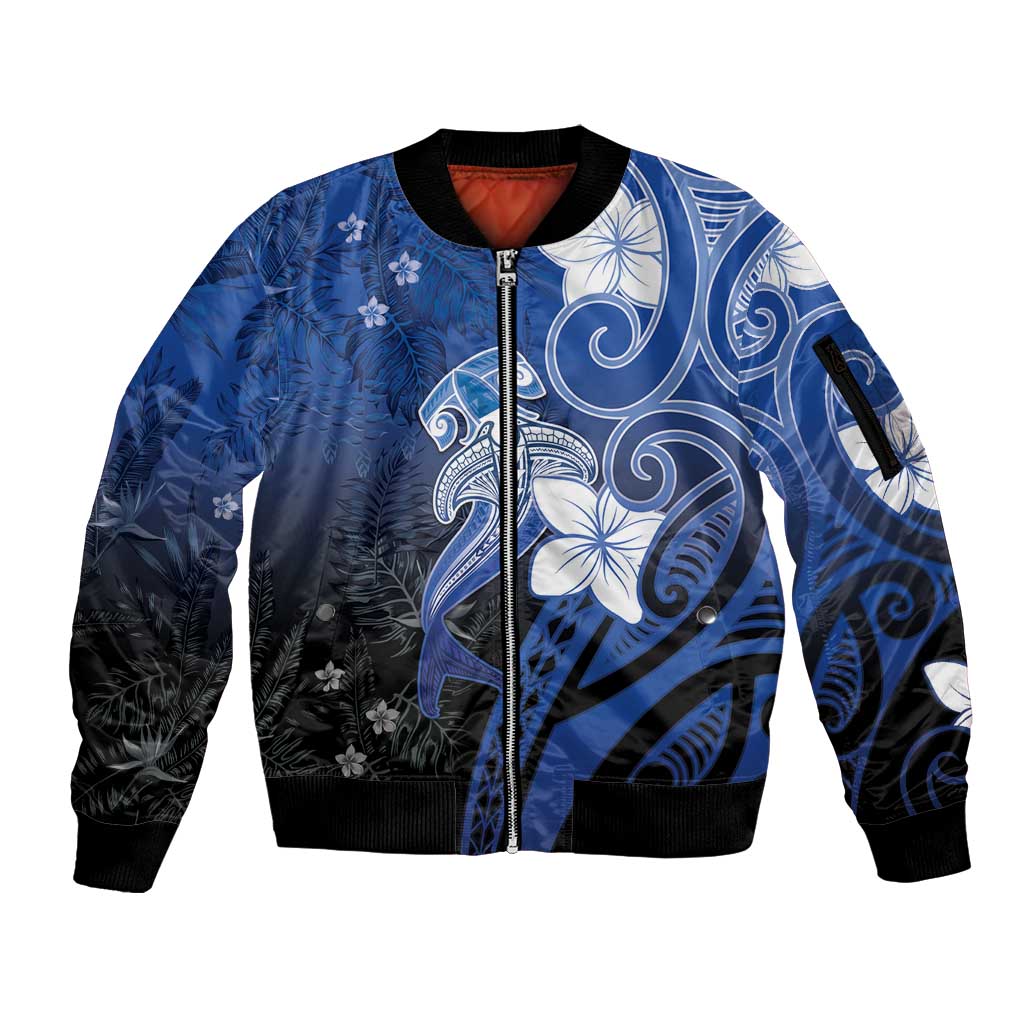 Polynesia Hammerhead Shark Sleeve Zip Bomber Jacket Blue Tribal Pattern With Plumeria LT05 Unisex Blue - Polynesian Pride