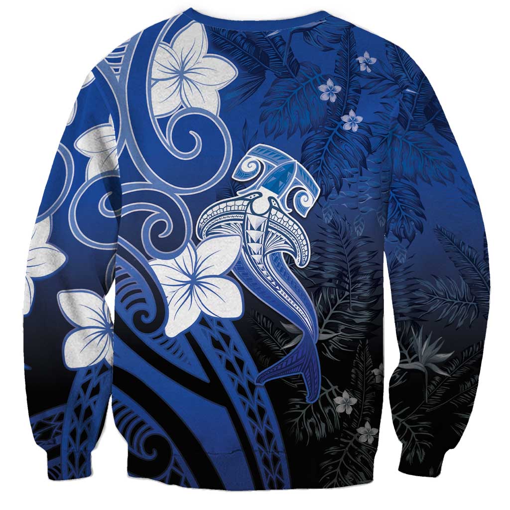 Polynesia Hammerhead Shark Sweatshirt Blue Tribal Pattern With Plumeria LT05 - Polynesian Pride