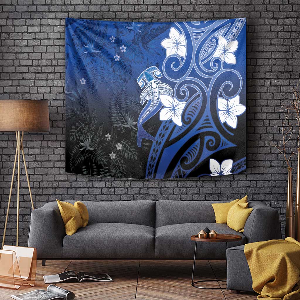 Polynesia Hammerhead Shark Tapestry Blue Tribal Pattern With Plumeria LT05 Blue - Polynesian Pride