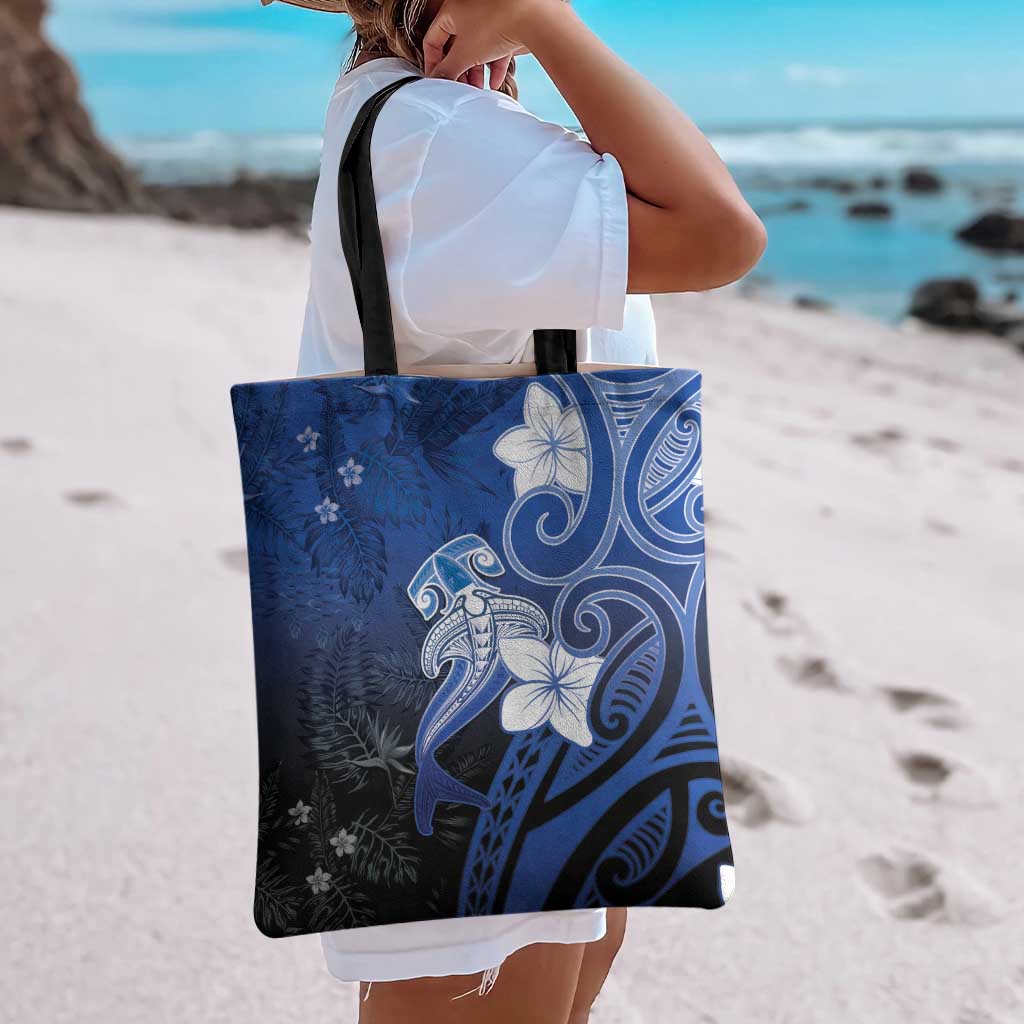 Polynesia Hammerhead Shark Tote Bag Blue Tribal Pattern With Plumeria LT05 - Polynesian Pride