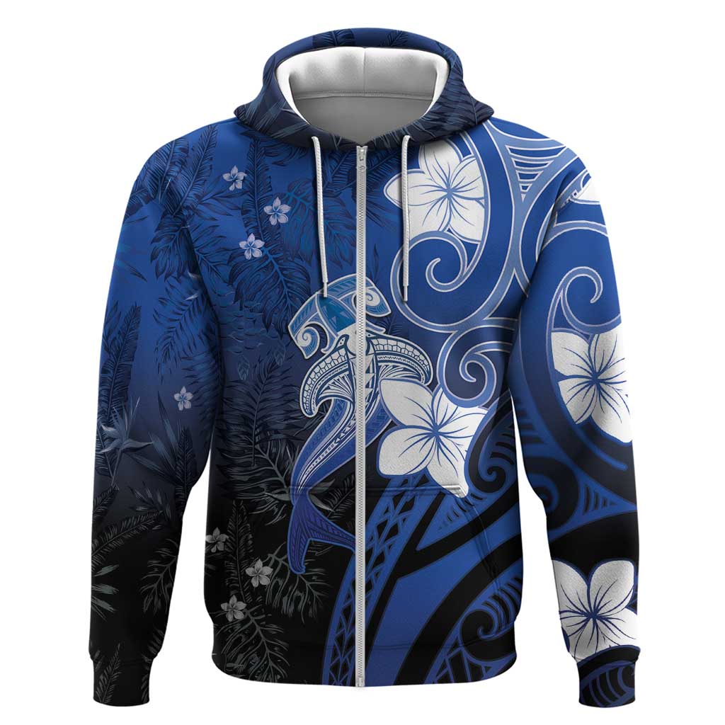 Polynesia Hammerhead Shark Zip Hoodie Blue Tribal Pattern With Plumeria LT05 Zip Hoodie Blue - Polynesian Pride