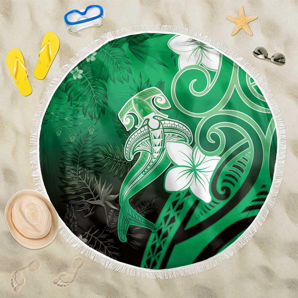 Polynesia Hammerhead Shark Beach Blanket Green Tribal Pattern With Plumeria LT05 One Size 150cm Green - Polynesian Pride