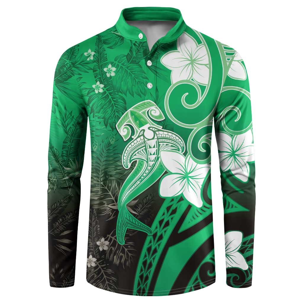 Polynesia Hammerhead Shark Button Sweatshirt Green Tribal Pattern With Plumeria LT05 Green - Polynesian Pride