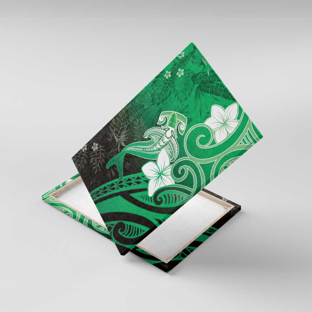 Polynesia Hammerhead Shark Canvas Wall Art Green Tribal Pattern With Plumeria LT05 With Frame Green - Polynesian Pride