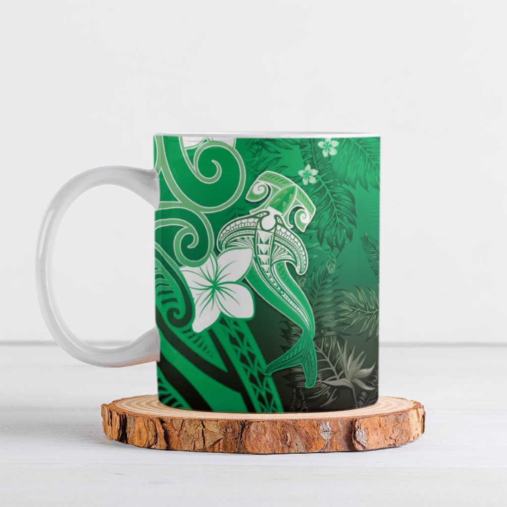 Polynesia Hammerhead Shark Ceramic Mug Green Tribal Pattern With Plumeria LT05 Green - Polynesian Pride