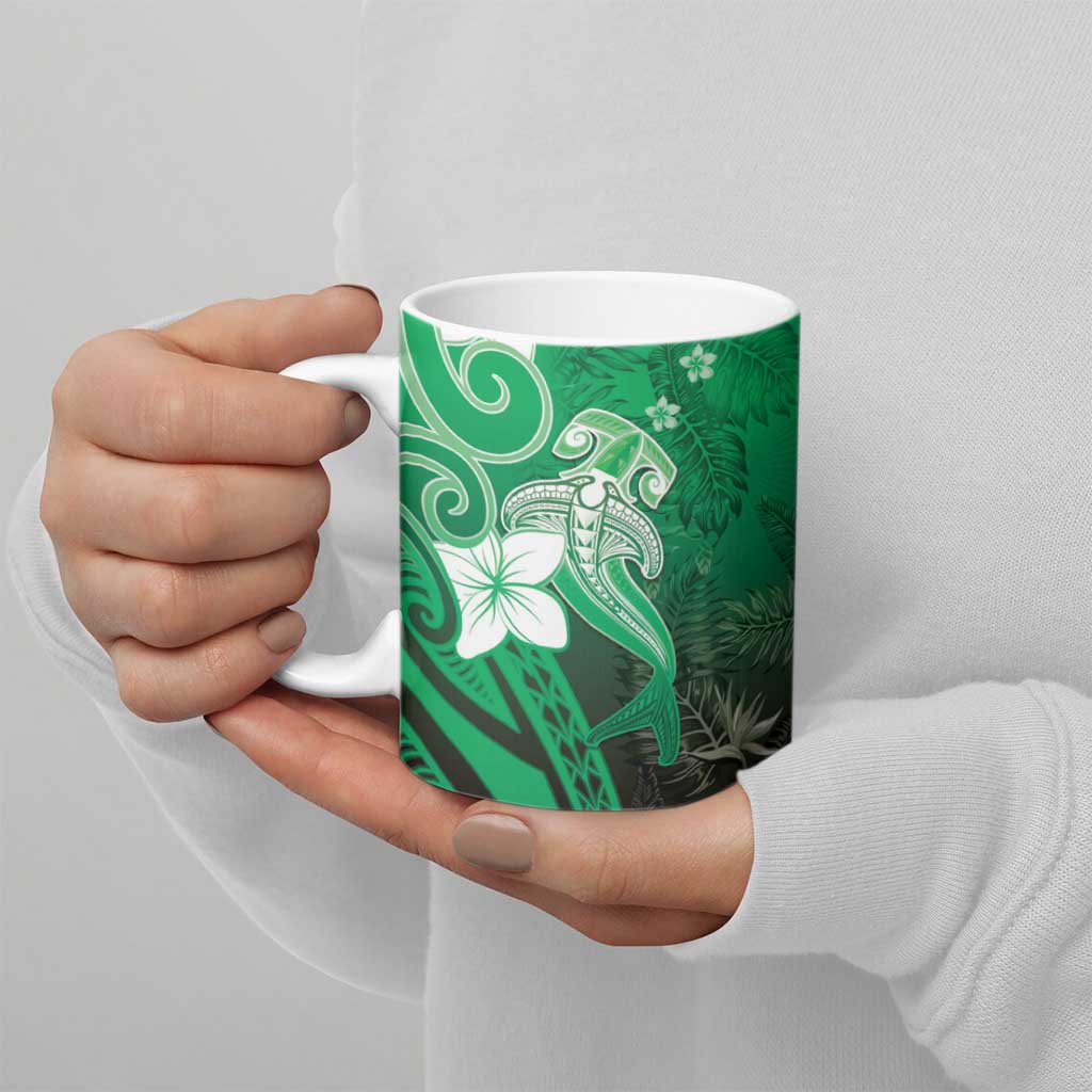Polynesia Hammerhead Shark Ceramic Mug Green Tribal Pattern With Plumeria LT05 - Polynesian Pride