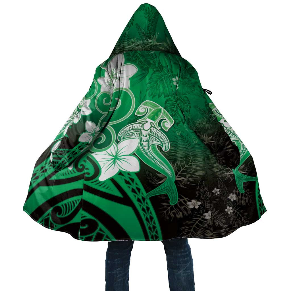 Polynesia Hammerhead Shark Cloak Green Tribal Pattern With Plumeria LT05 Unisex Green - Polynesian Pride