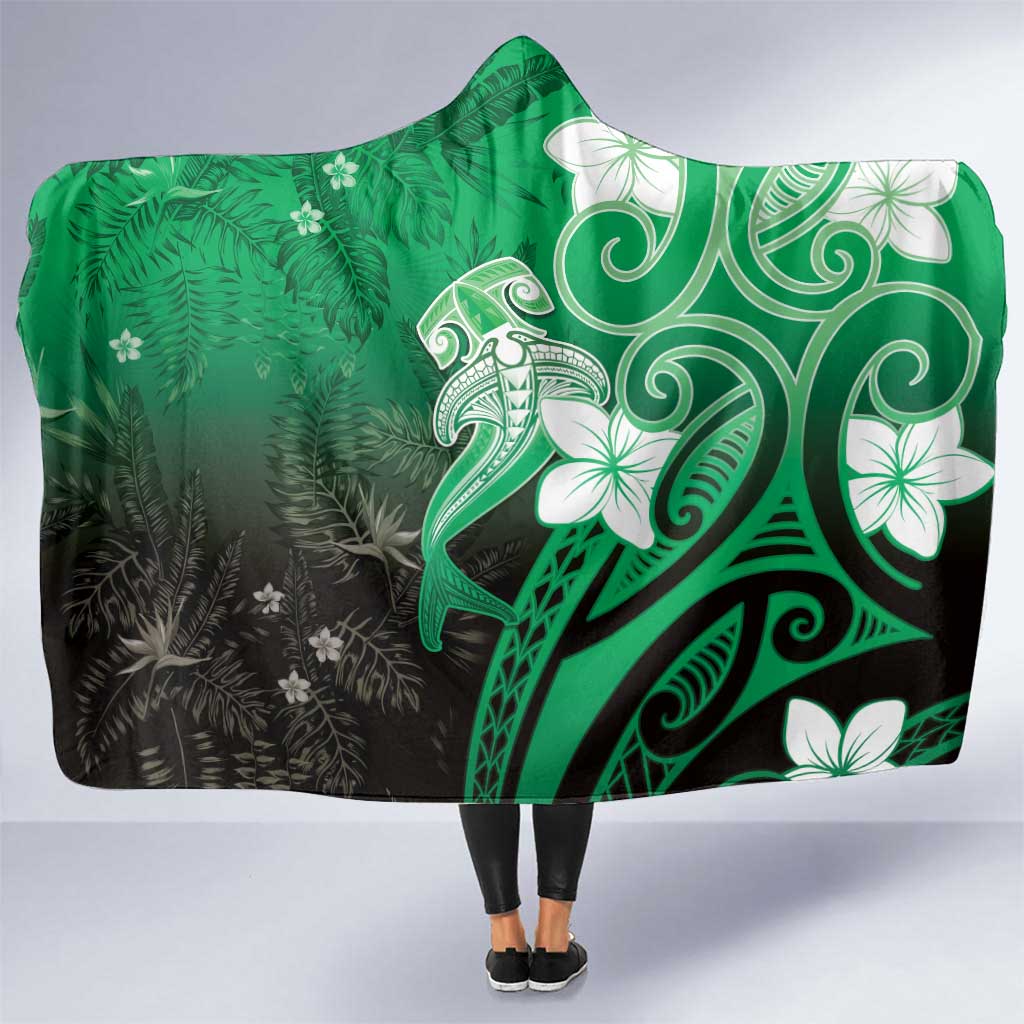 Polynesia Hammerhead Shark Hooded Blanket Green Tribal Pattern With Plumeria LT05 One Size Green - Polynesian Pride
