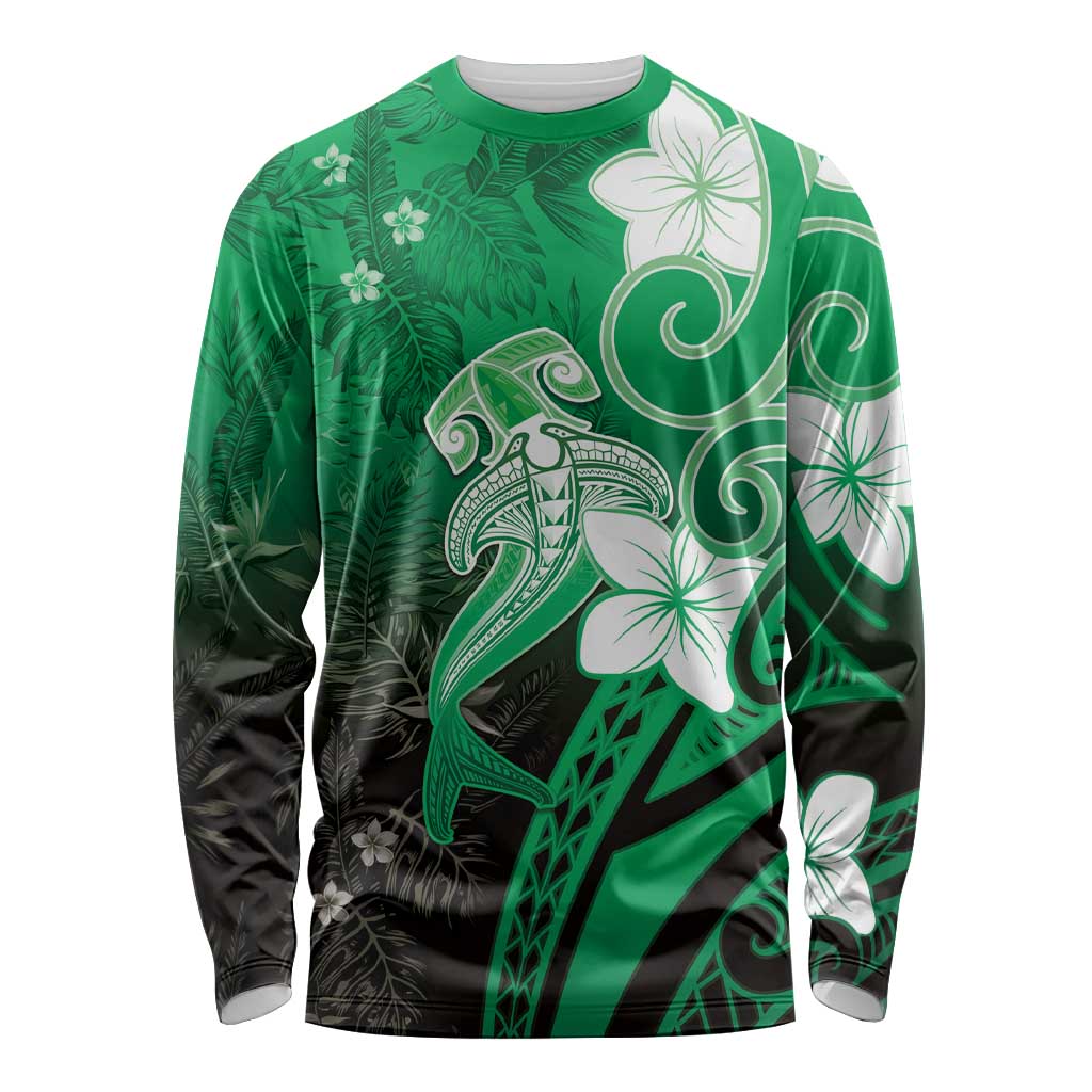 Polynesia Hammerhead Shark Long Sleeve Shirt Green Tribal Pattern With Plumeria LT05 Unisex Green - Polynesian Pride