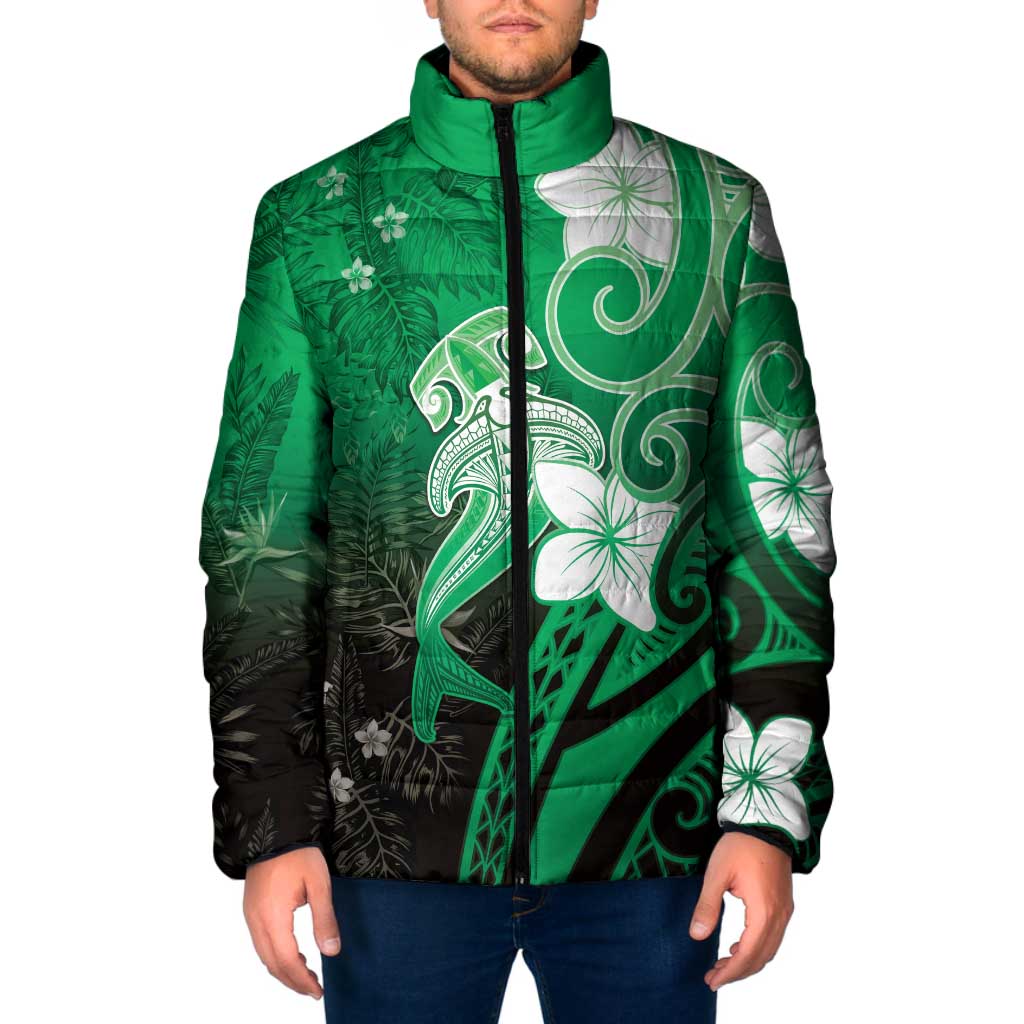 Polynesia Hammerhead Shark Padded Jacket Green Tribal Pattern With Plumeria LT05 Men Green - Polynesian Pride