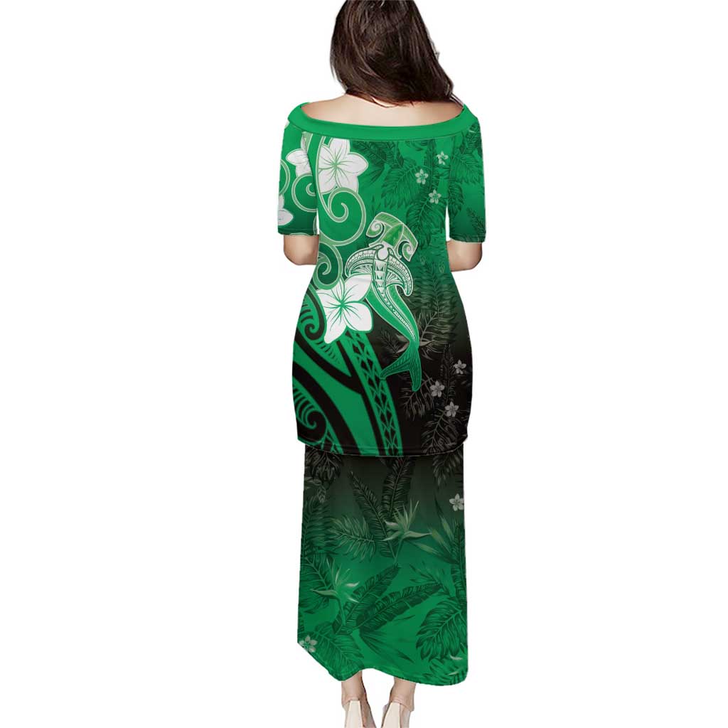 Polynesia Hammerhead Shark Puletasi Green Tribal Pattern With Plumeria LT05 - Polynesian Pride