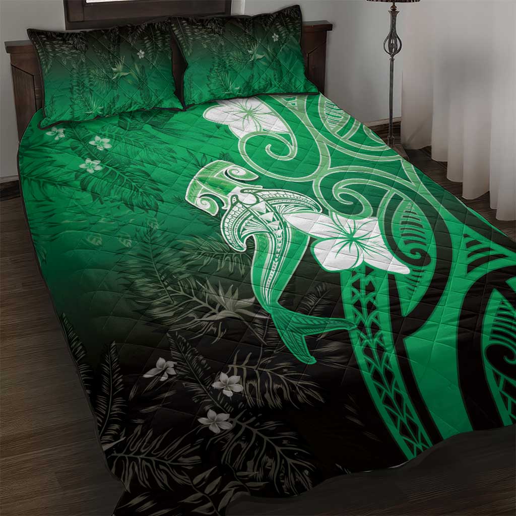 Polynesia Hammerhead Shark Quilt Bed Set Green Tribal Pattern With Plumeria LT05 Green - Polynesian Pride