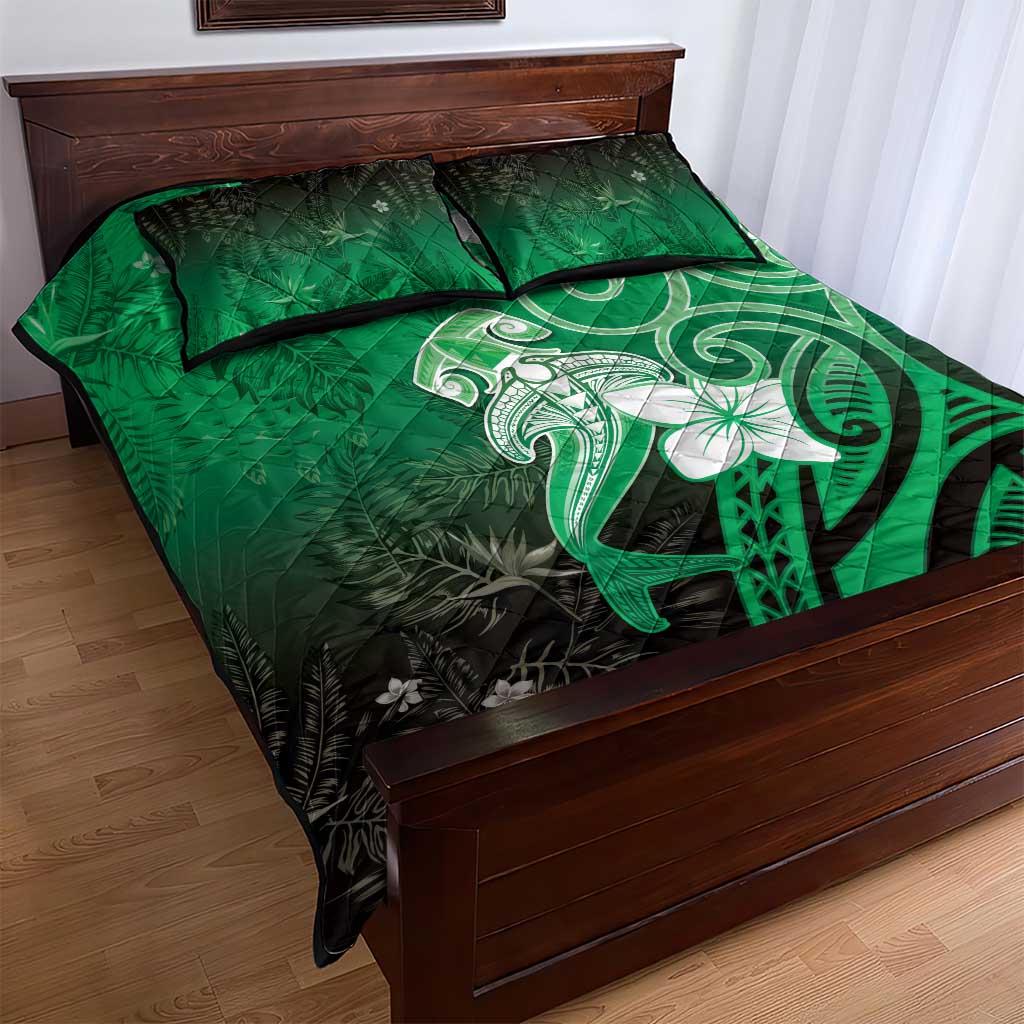 Polynesia Hammerhead Shark Quilt Bed Set Green Tribal Pattern With Plumeria LT05 - Polynesian Pride