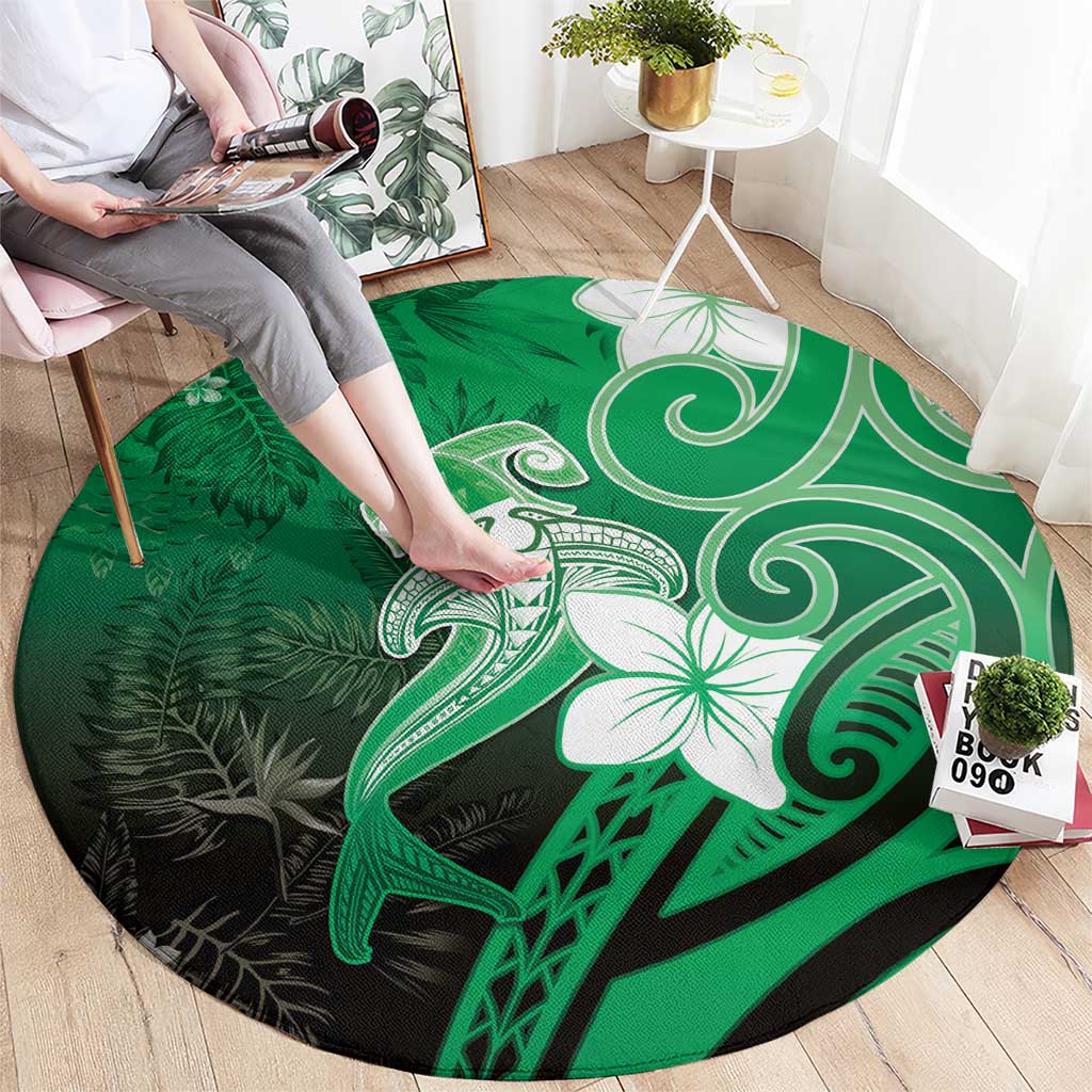 Polynesia Hammerhead Shark Round Carpet Green Tribal Pattern With Plumeria LT05 - Polynesian Pride