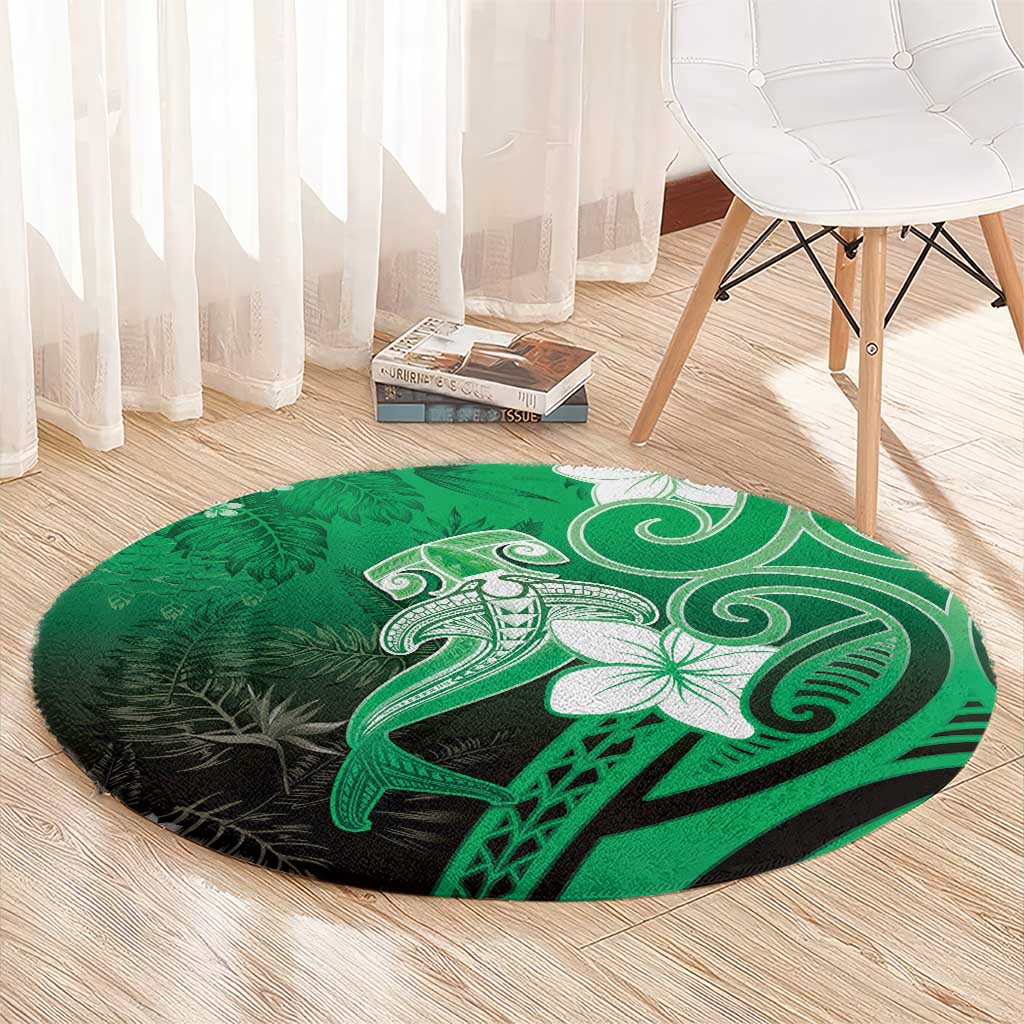 Polynesia Hammerhead Shark Round Carpet Green Tribal Pattern With Plumeria LT05 - Polynesian Pride