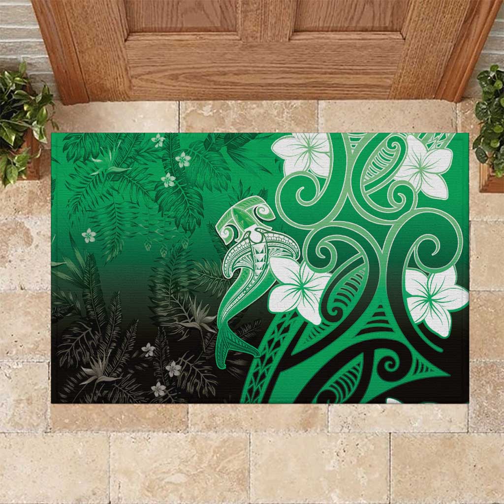 Polynesia Hammerhead Shark Rubber Doormat Green Tribal Pattern With Plumeria LT05 Green - Polynesian Pride