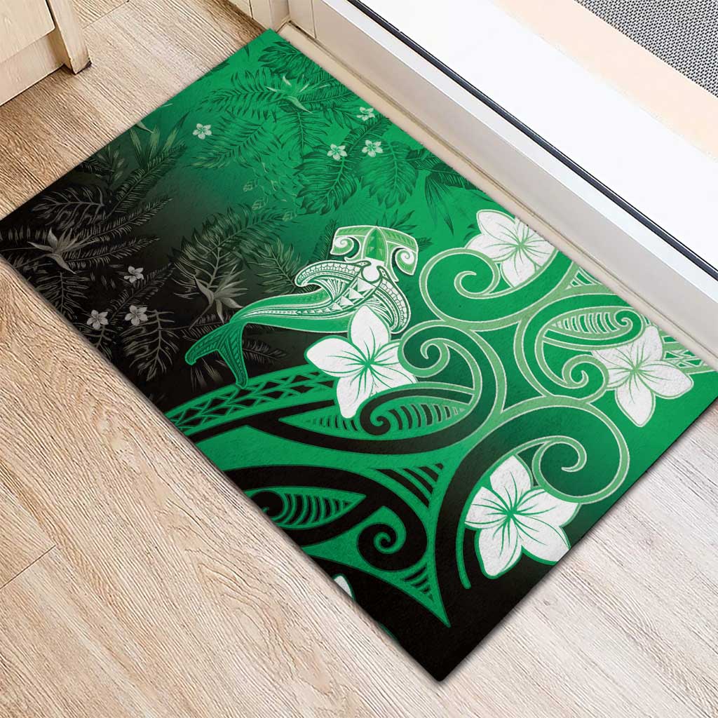 Polynesia Hammerhead Shark Rubber Doormat Green Tribal Pattern With Plumeria LT05 - Polynesian Pride