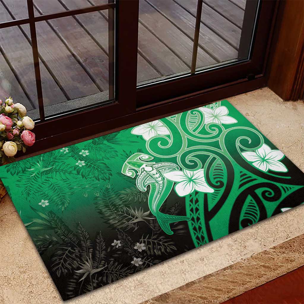 Polynesia Hammerhead Shark Rubber Doormat Green Tribal Pattern With Plumeria LT05 - Polynesian Pride