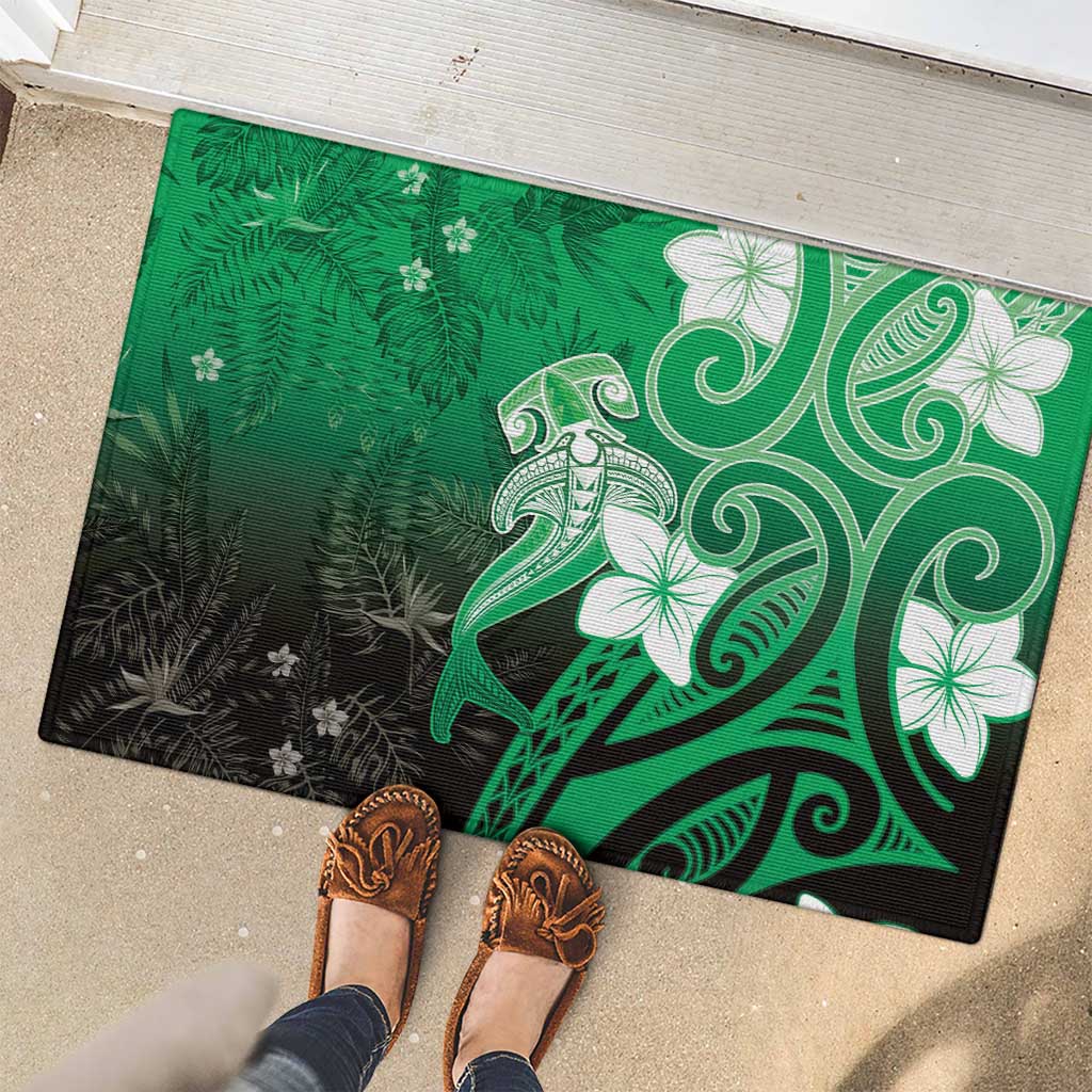 Polynesia Hammerhead Shark Rubber Doormat Green Tribal Pattern With Plumeria LT05 - Polynesian Pride
