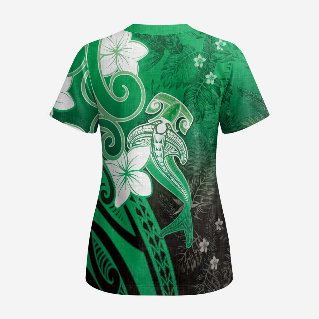 Polynesia Hammerhead Shark Scrub Top Green Tribal Pattern With Plumeria LT05 - Polynesian Pride