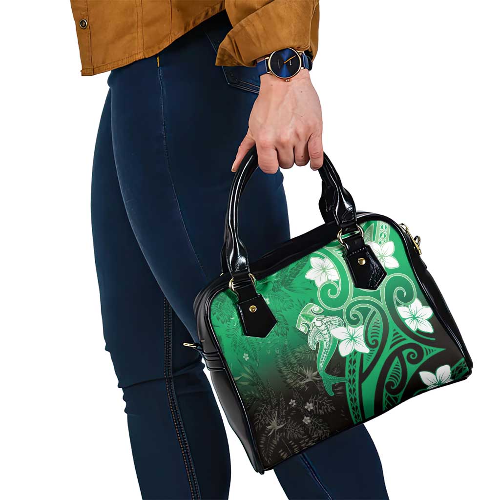 Polynesia Hammerhead Shark Shoulder Handbag Green Tribal Pattern With Plumeria LT05 - Polynesian Pride
