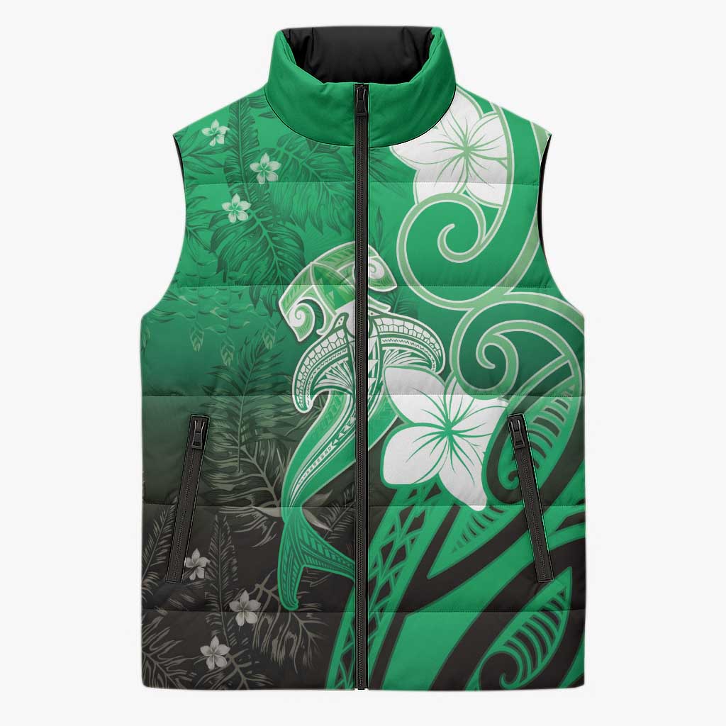 Polynesia Hammerhead Shark Sleeveless Puffer Jacket Green Tribal Pattern With Plumeria LT05 Unisex Green - Polynesian Pride