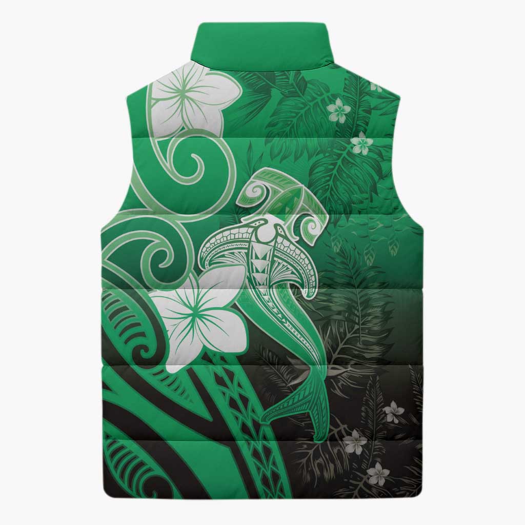 Polynesia Hammerhead Shark Sleeveless Puffer Jacket Green Tribal Pattern With Plumeria LT05 - Polynesian Pride