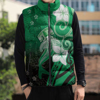 Polynesia Hammerhead Shark Sleeveless Puffer Jacket Green Tribal Pattern With Plumeria LT05 - Polynesian Pride