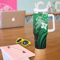 Polynesia Hammerhead Shark Tumbler With Handle Green Tribal Pattern With Plumeria LT05 - Polynesian Pride
