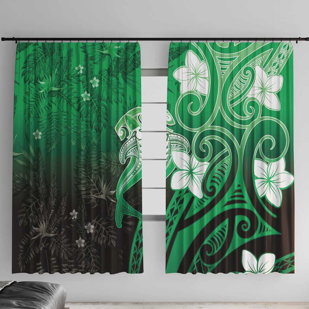Polynesia Hammerhead Shark Window Curtain Green Tribal Pattern With Plumeria LT05 With Hooks Green - Polynesian Pride