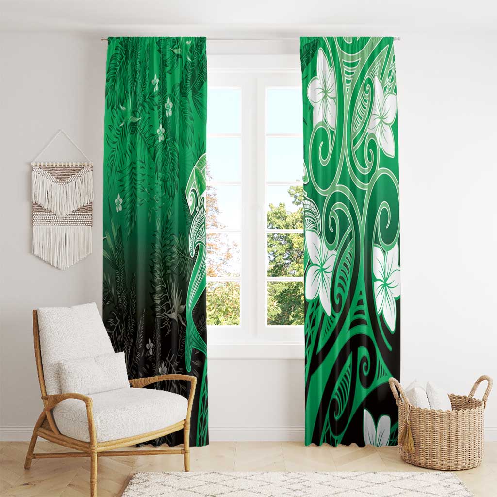Polynesia Hammerhead Shark Window Curtain Green Tribal Pattern With Plumeria LT05 - Polynesian Pride