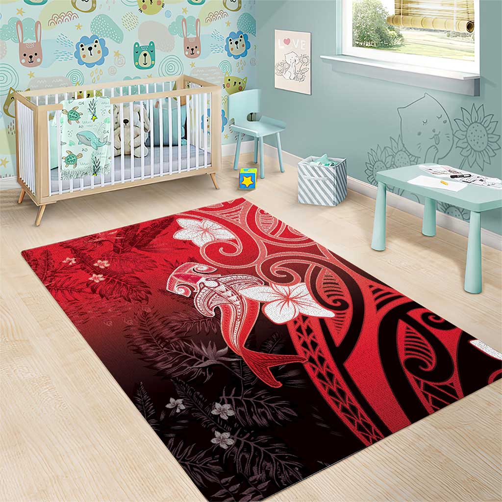 Polynesia Hammerhead Shark Area Rug Red Tribal Pattern With Plumeria LT05 - Polynesian Pride