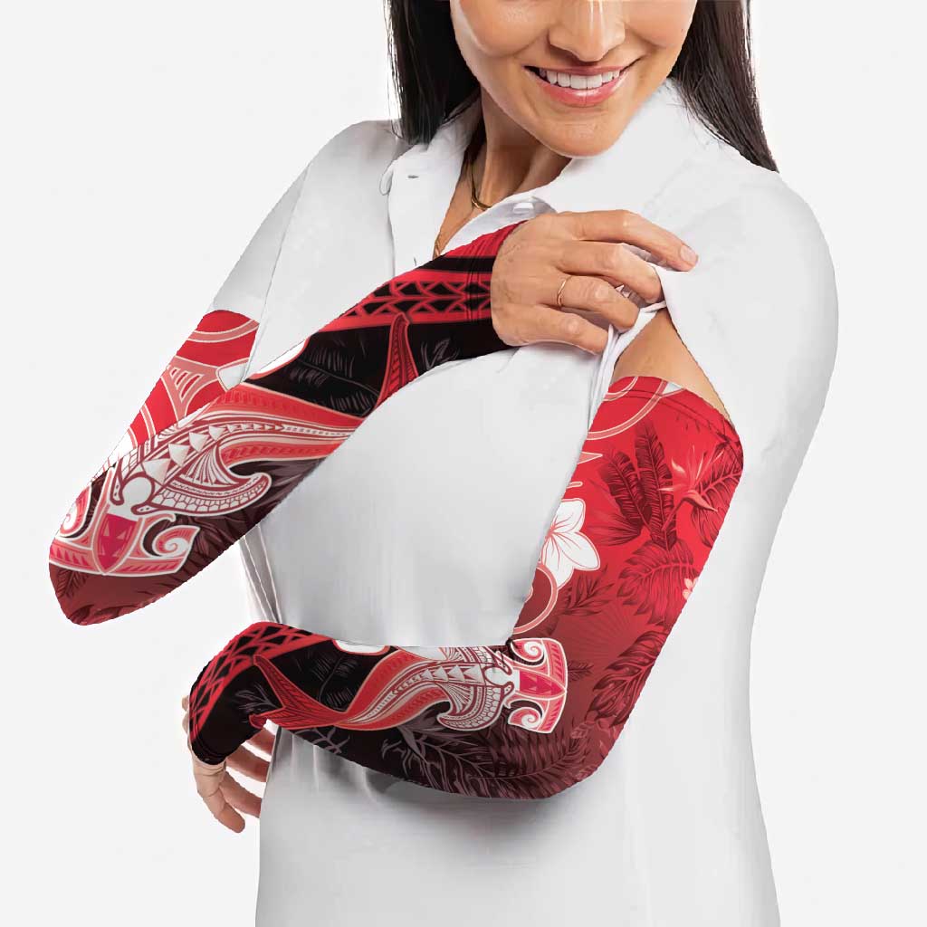 Polynesia Hammerhead Shark Arm Sleeves Red Tribal Pattern With Plumeria LT05 - Polynesian Pride