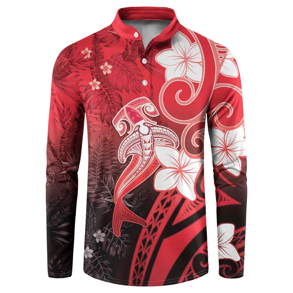 Polynesia Hammerhead Shark Button Sweatshirt Red Tribal Pattern With Plumeria LT05 Red - Polynesian Pride