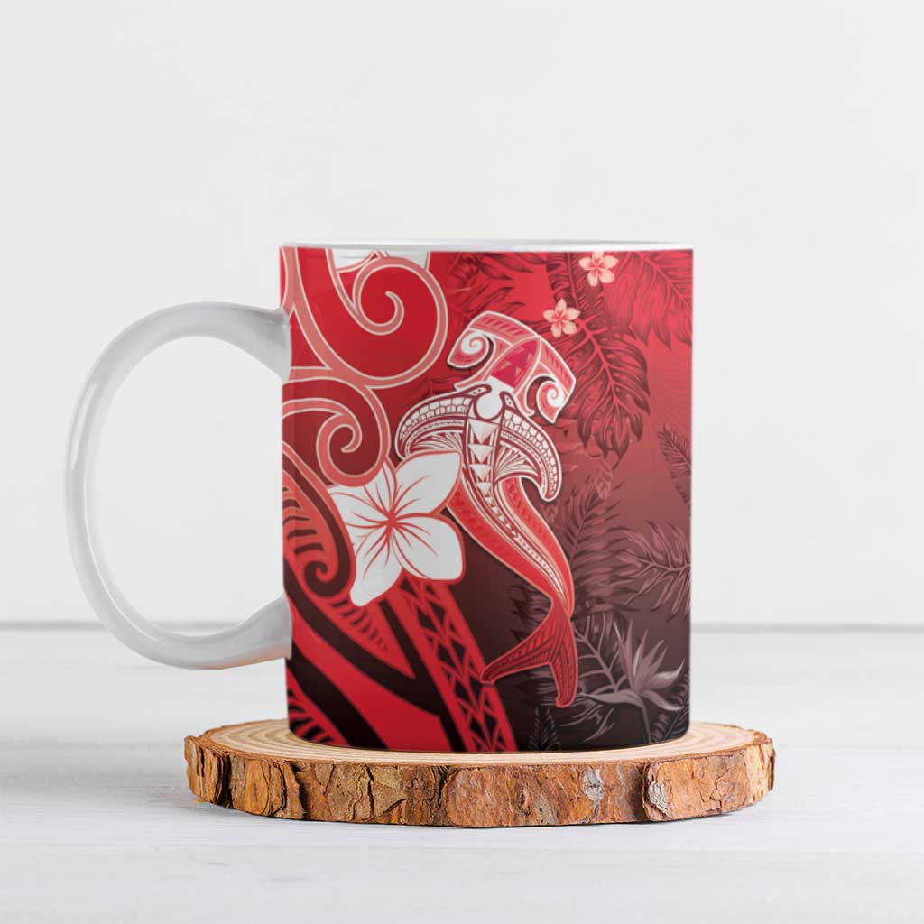 Polynesia Hammerhead Shark Ceramic Mug Red Tribal Pattern With Plumeria LT05 Red - Polynesian Pride