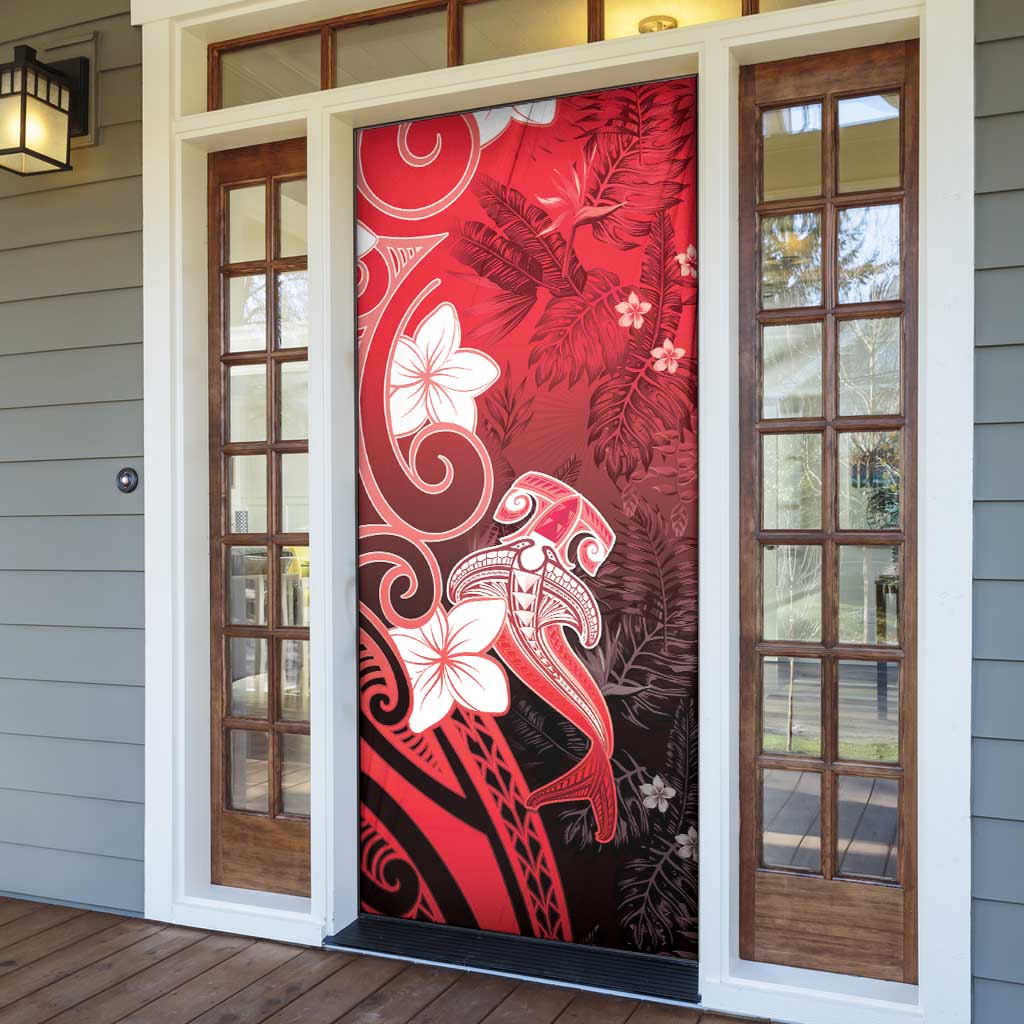 Polynesia Hammerhead Shark Door Cover Red Tribal Pattern With Plumeria LT05 - Polynesian Pride