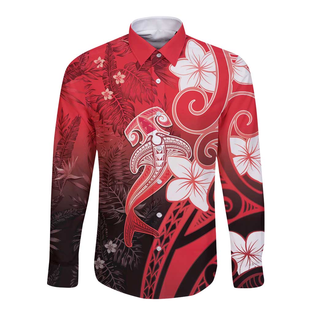 Polynesia Hammerhead Shark Long Sleeve Button Shirt Red Tribal Pattern With Plumeria LT05 Unisex Red - Polynesian Pride