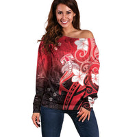 Polynesia Hammerhead Shark Off Shoulder Sweater Red Tribal Pattern With Plumeria LT05 Women Red - Polynesian Pride