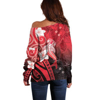 Polynesia Hammerhead Shark Off Shoulder Sweater Red Tribal Pattern With Plumeria LT05 - Polynesian Pride