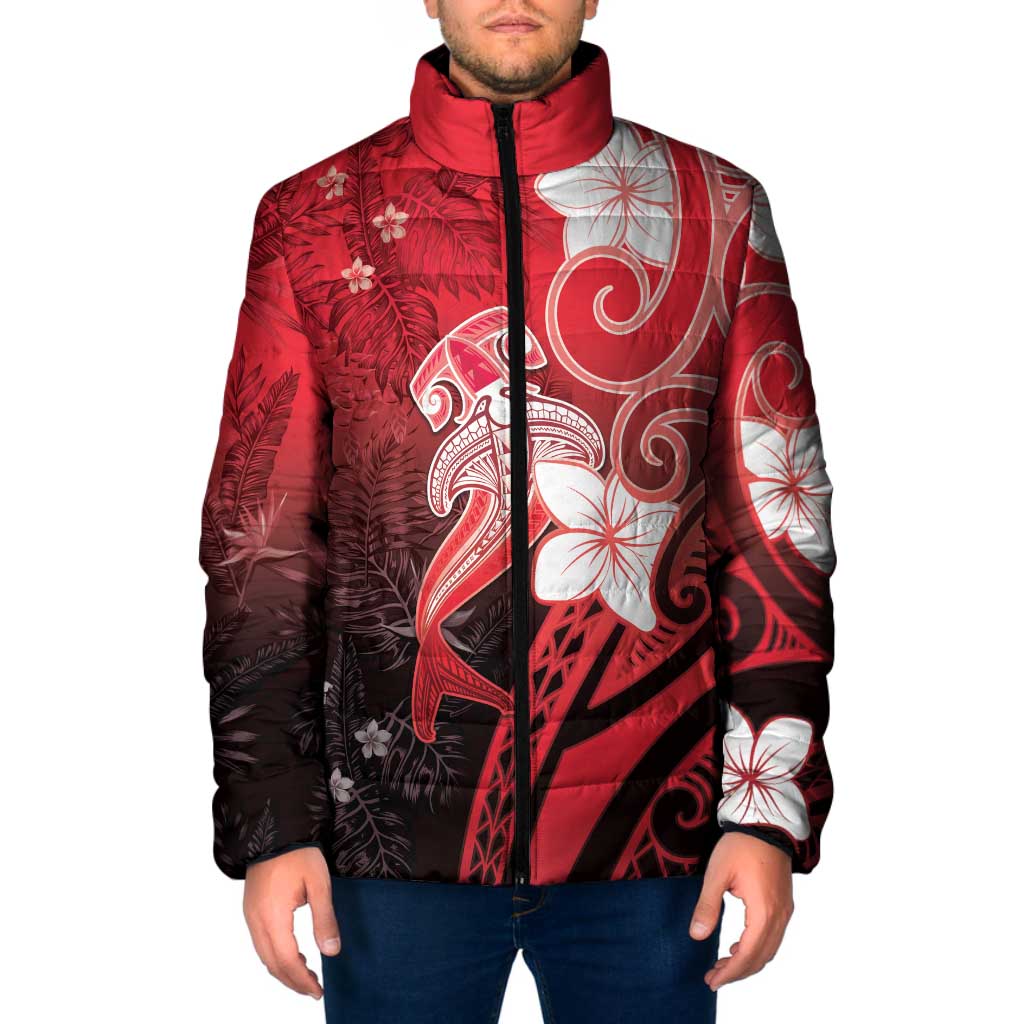 Polynesia Hammerhead Shark Padded Jacket Red Tribal Pattern With Plumeria LT05 Men Red - Polynesian Pride