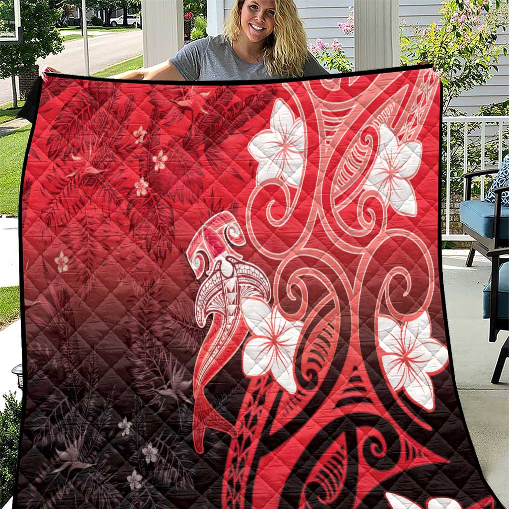 Polynesia Hammerhead Shark Quilt Red Tribal Pattern With Plumeria LT05 Red - Polynesian Pride